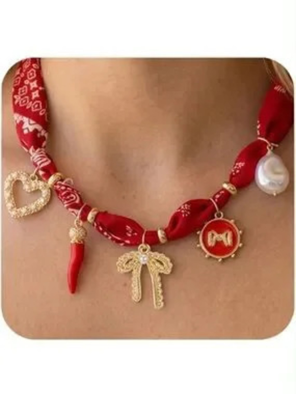 Anthropologie Red Paisley Bandana Charm Necklace with Gold Accents